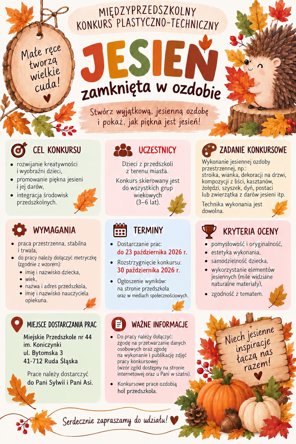 Zapraszamy do udziału w Konkursie JESIEŃ ZAMKNIĘTA W OZDOBIE
